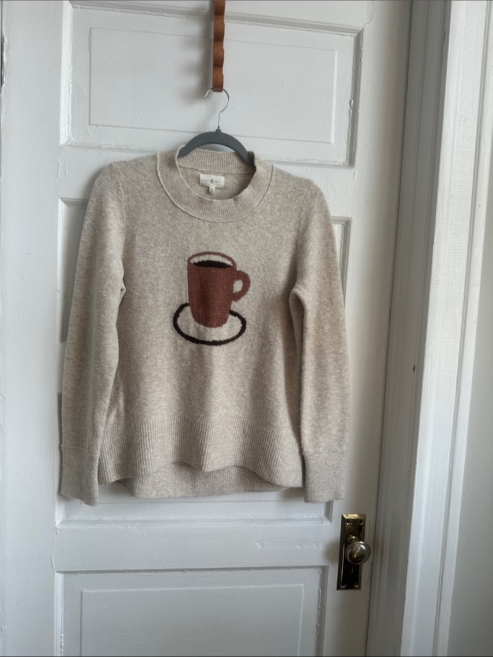 Lou & Grey Beige Crewneck Sweater with Brown Coffee Cup Motif